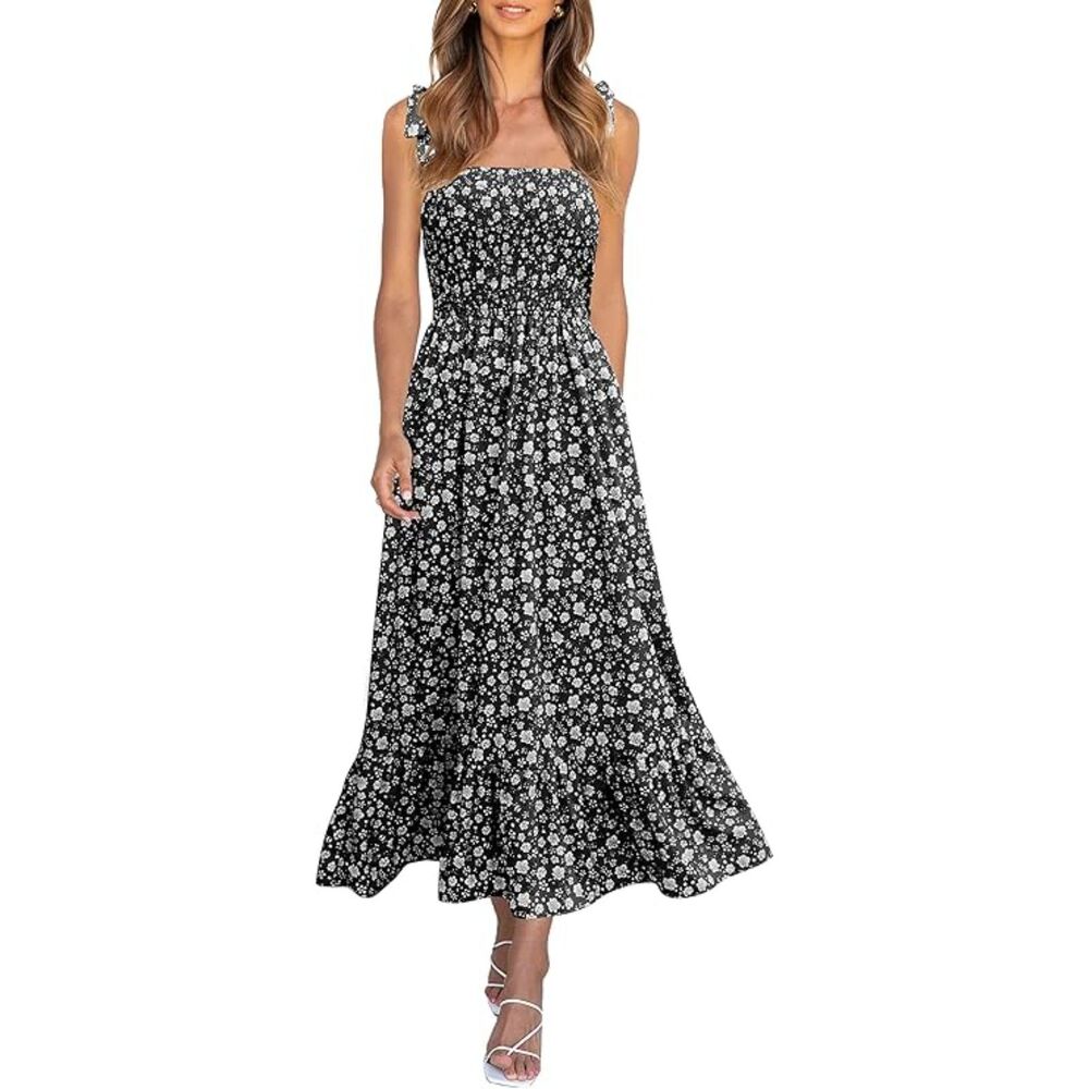 Imily Bela Tie Strap Boho Floral  Smocked Ruffle Maxi Dresse, S, 19F-141D001